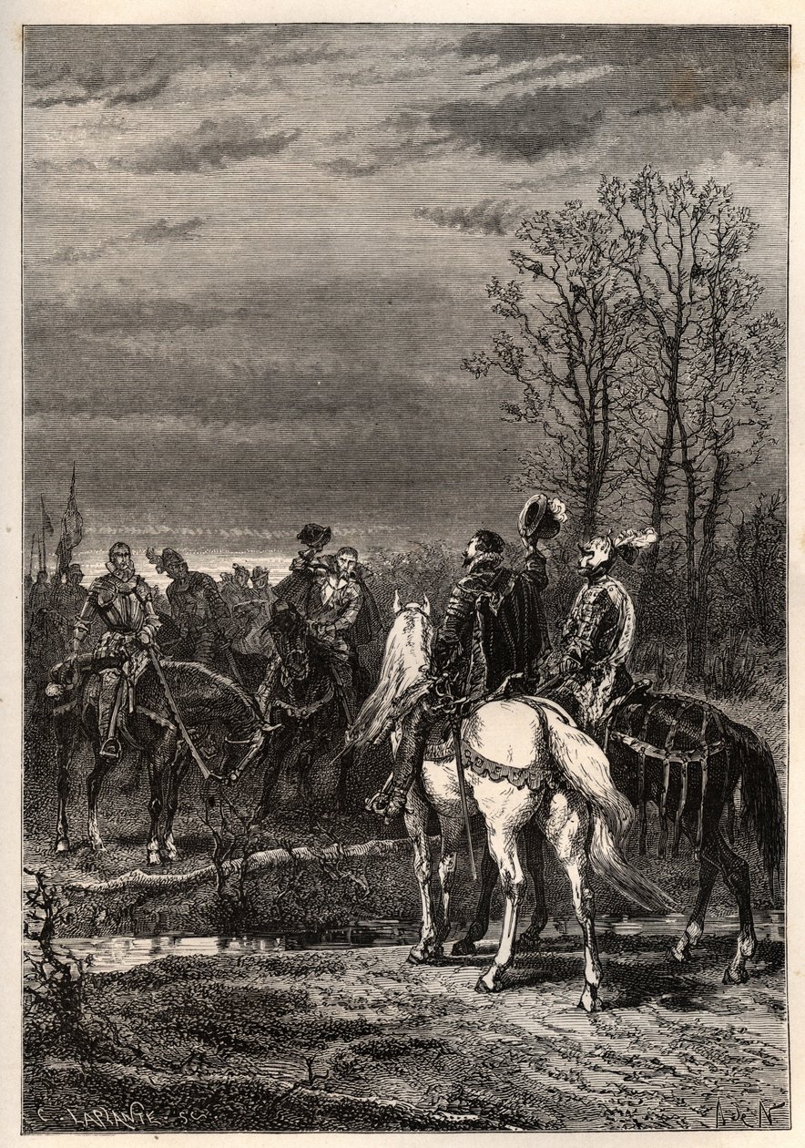 Guerras Religiosas Francesas - Outubro 1569 Guerra das Religiões - As Conversas que precederam a Batalha de Moncontour (Henri, Duque de Anjou futuro Henrique III e Gaspard II de Coligny - A Batalha de Moncontour (Outubro 1569) - gravura de "A história da F de French School
