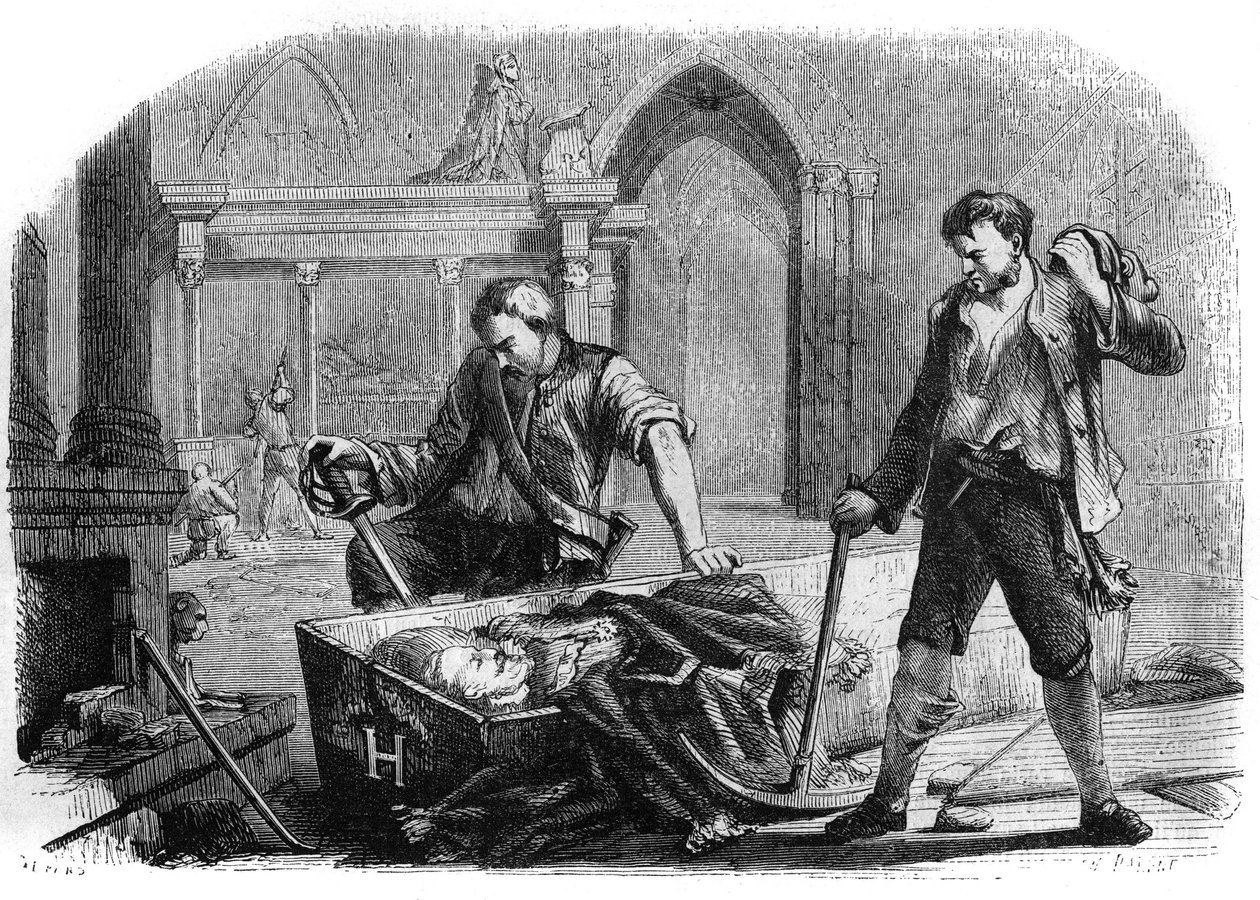 Revolução Francesa (Convenção): abertura do caixão do rei Henrique IV (1553-1610) durante a profanação dos túmulos reais da igreja de Saint Denis, em 1793. Gravura a partir de 1860. de French School