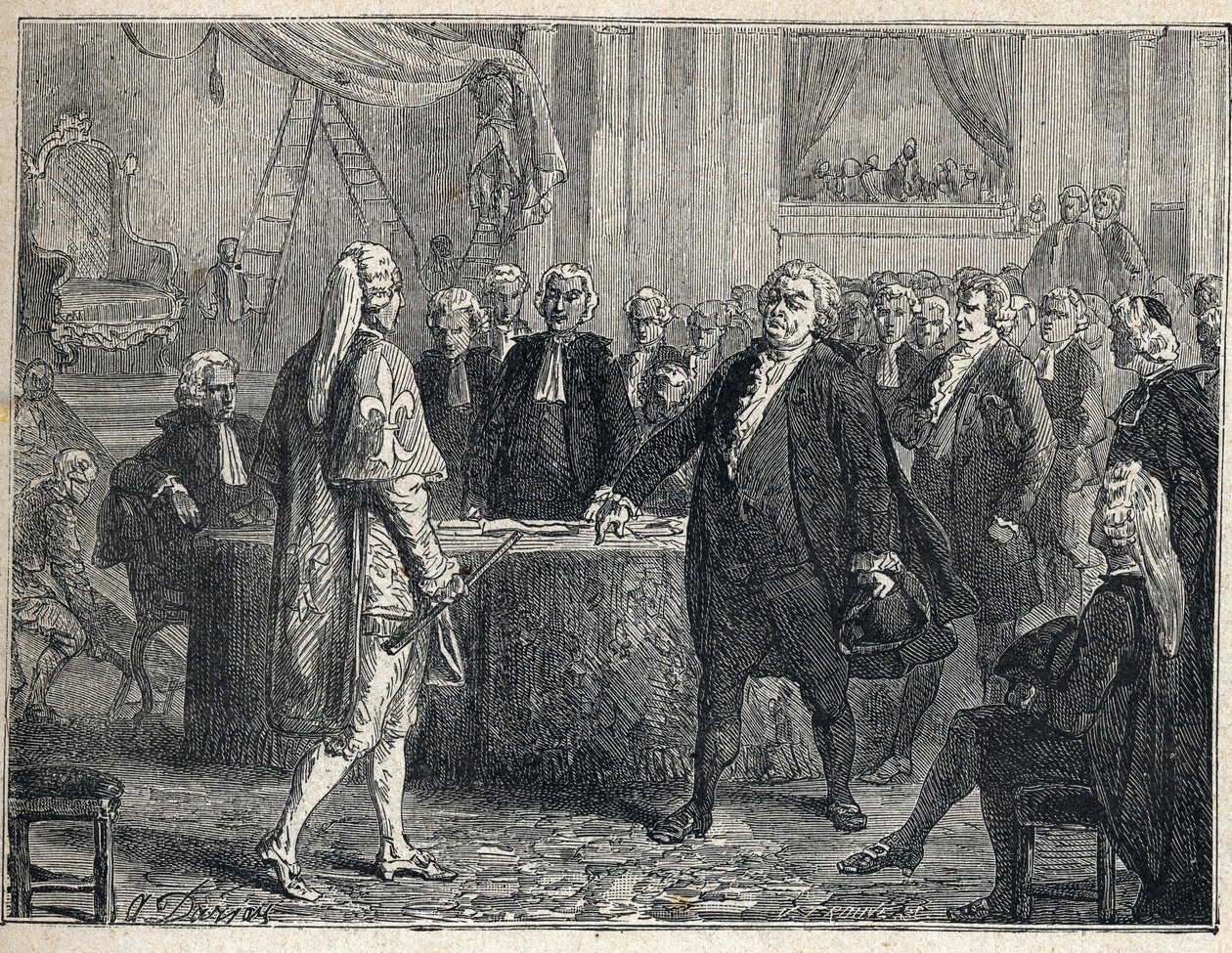 Revolução Francesa - Assembléia Geral em 23-06-1789: Honore Gabriel (Honore-Gabriel) Riqueti, Conde de Mirabeau (1749-1791), apóstrofo Henri Evrard (Henri-Evrard), Marquês de Dreux Breze (Dreux-Breze) (1762-1829). Gravura de 1889. Coleção privada. de French School
