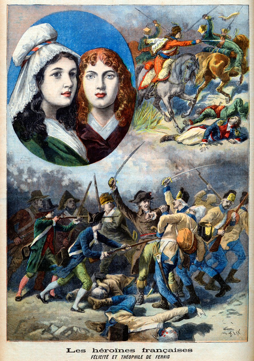 Revolução Francesa - As heroínas francesas: as irmãs Felicite (1770-1841) e Teófilo (1875-1819) de Fernig, que lutou vestida de homem contra os austríacos para ver o pai em 1792 - ilustração do "Le Petit Journal" de 7 de Agosto de 1894 de French School