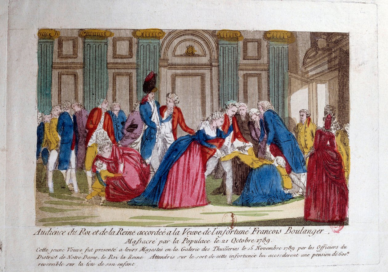 Revolução Francesa: "Audiência de Luís XVI e Maria Antonieta em 15/11/1789 concedida à viúva de François Boulanger massacrada pela população em 21/10/1789" Gravura do século XVIII. Paris, Biblioteca do Arsenal de French School