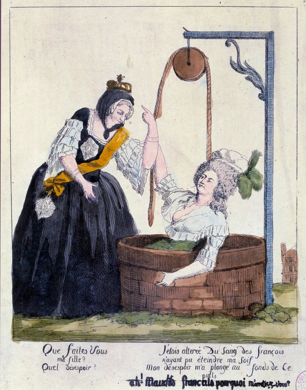 Revolução Francesa: O desenho animado contra a Rainha Maria Antonieta (1755-1793) caiu no fundo de um poço por querer saciar a sua sede de sangue francês. Século XVIII. Paris, B.N. de French School