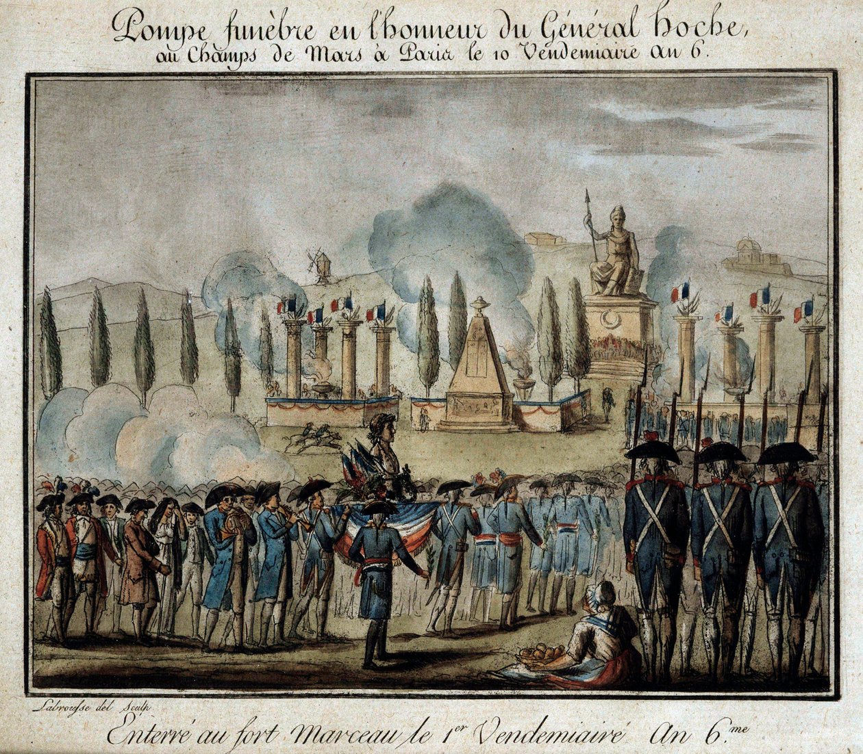 Revolução Francesa: "Cerimónia da bomba funerária em honra do General Lazare Hoche (1768-1797) nos Champs de Mars em Paris no dia 10 do ano 6 de sexta-feira" Gravação de 1797. Versailles, Museu Lambinet de French School