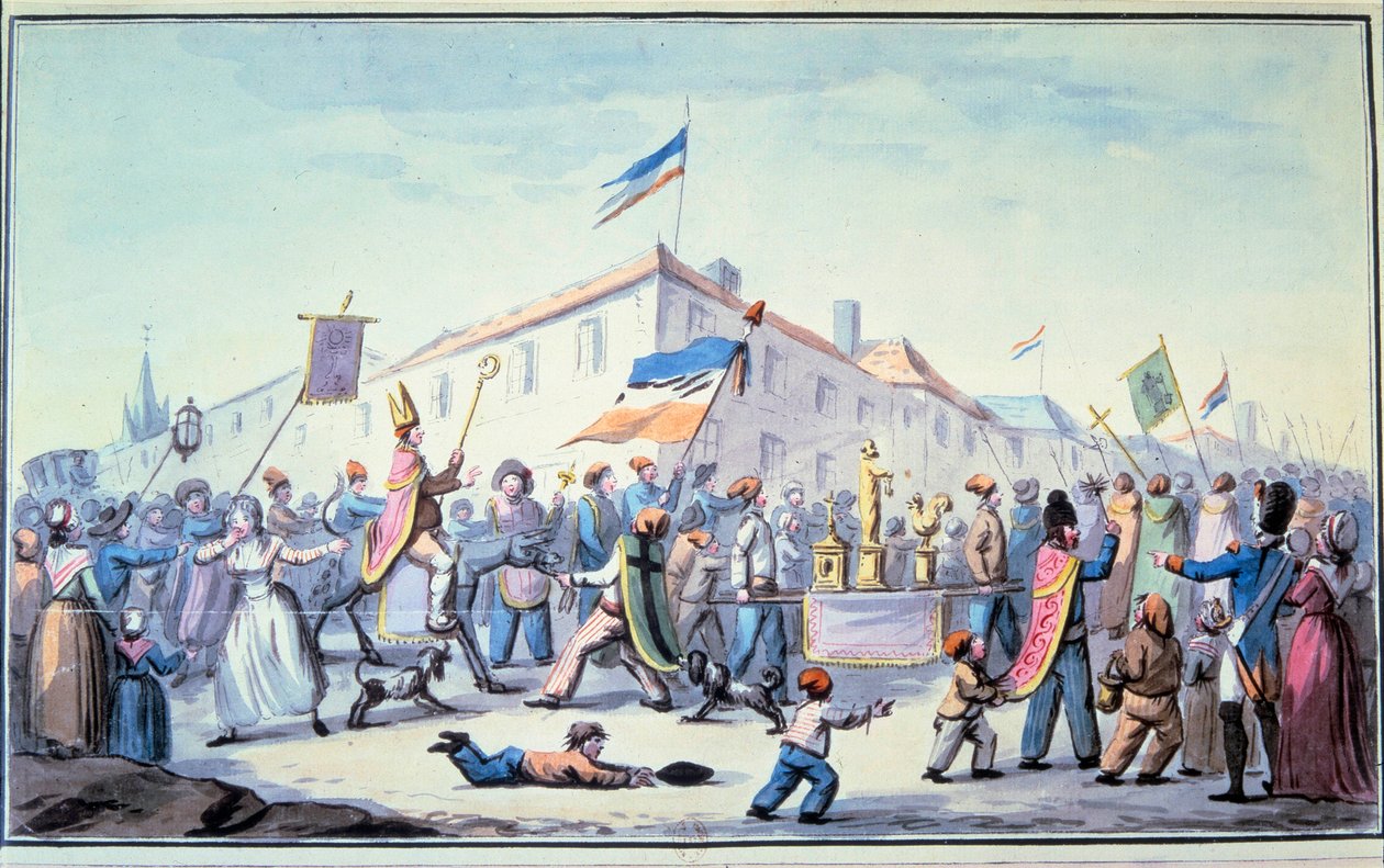 Revolução Francesa: "Formada a Mascarada do povo veste-se com roupas sacerdotais". Aquarela anónima. 1793. Paris, Biblioteca do L