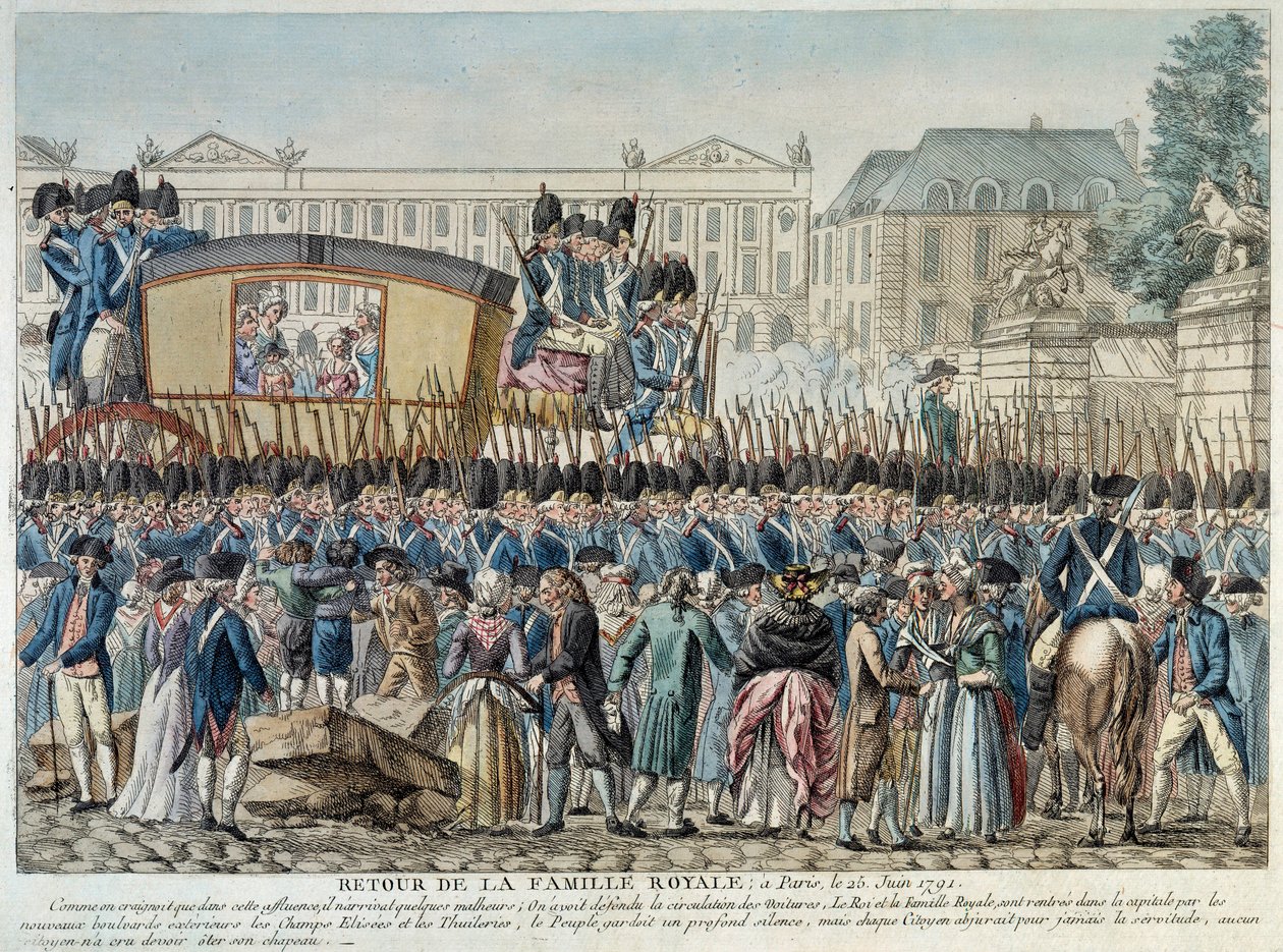 Revolução Francesa: "Regresso da família real a Paris em 25/06/1791" O cortejo atravessa a Place de la Concorde. Gravura da escola francesa do final do século XVIII. Museu Carnavalet de Paris de French School