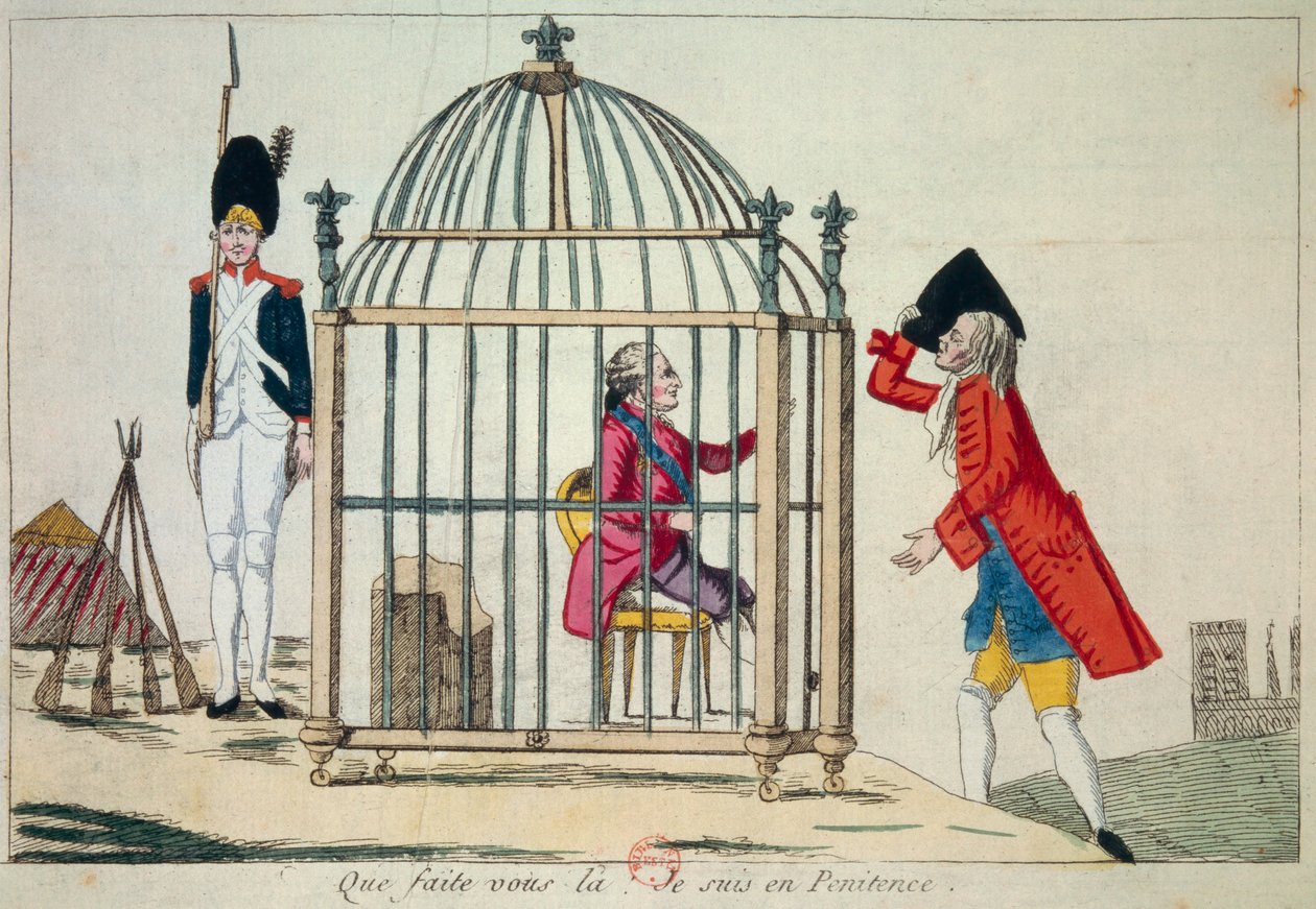Revolução Francesa: "Que fazeis, estou em penitência" O Rei Luís XVI (1754-1793) representa numa jaula na véspera do seu voo para Varennes em Junho de 1791. Gravura satírica de Paris, Biblioteca do Arsenal de French School