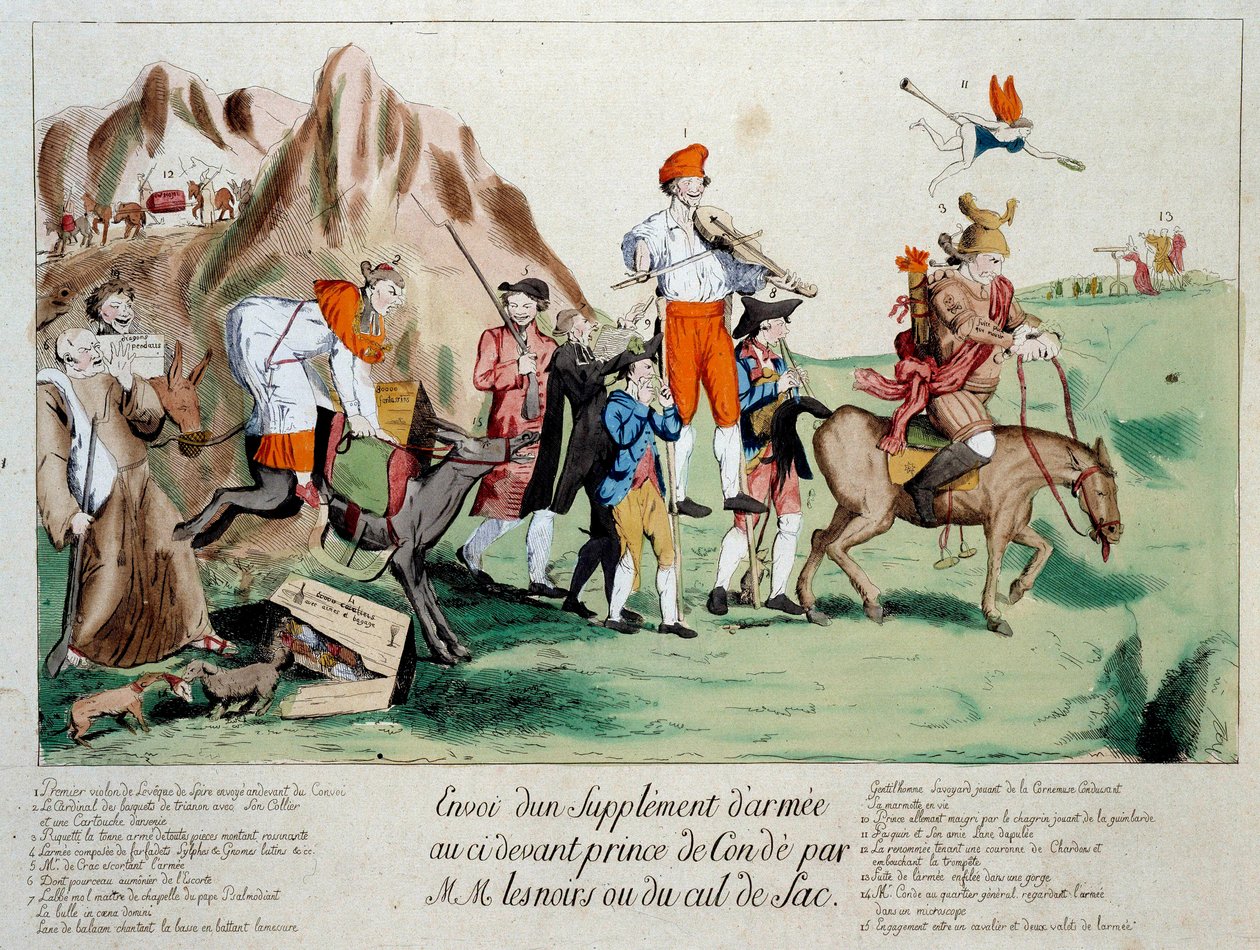 Revolução Francesa: "um suplemento de reforços composto por membros do clero aleijado foi enviado ao exército do Príncipe Luís V José de Bourbon-Conde (1736-1818) estacionado nas margens do Reno após a emigração devido à Revolução. Carto de French School