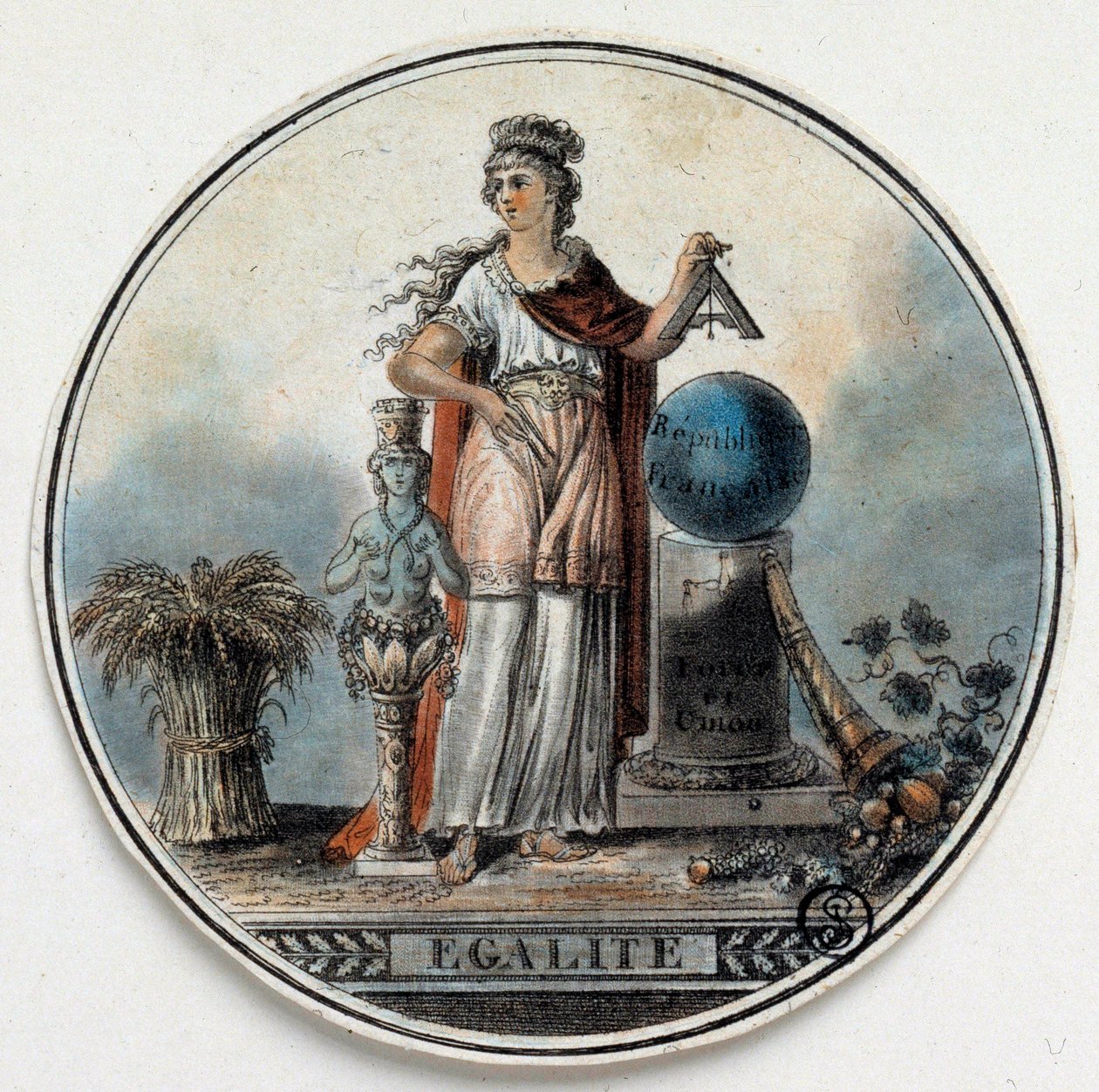 Revolução Francesa: alegoria de Egalite como uma mulher segurando uma praça perto da república francesa, um corno de abundância. Final do século XVIII Paris, B.N. de French School