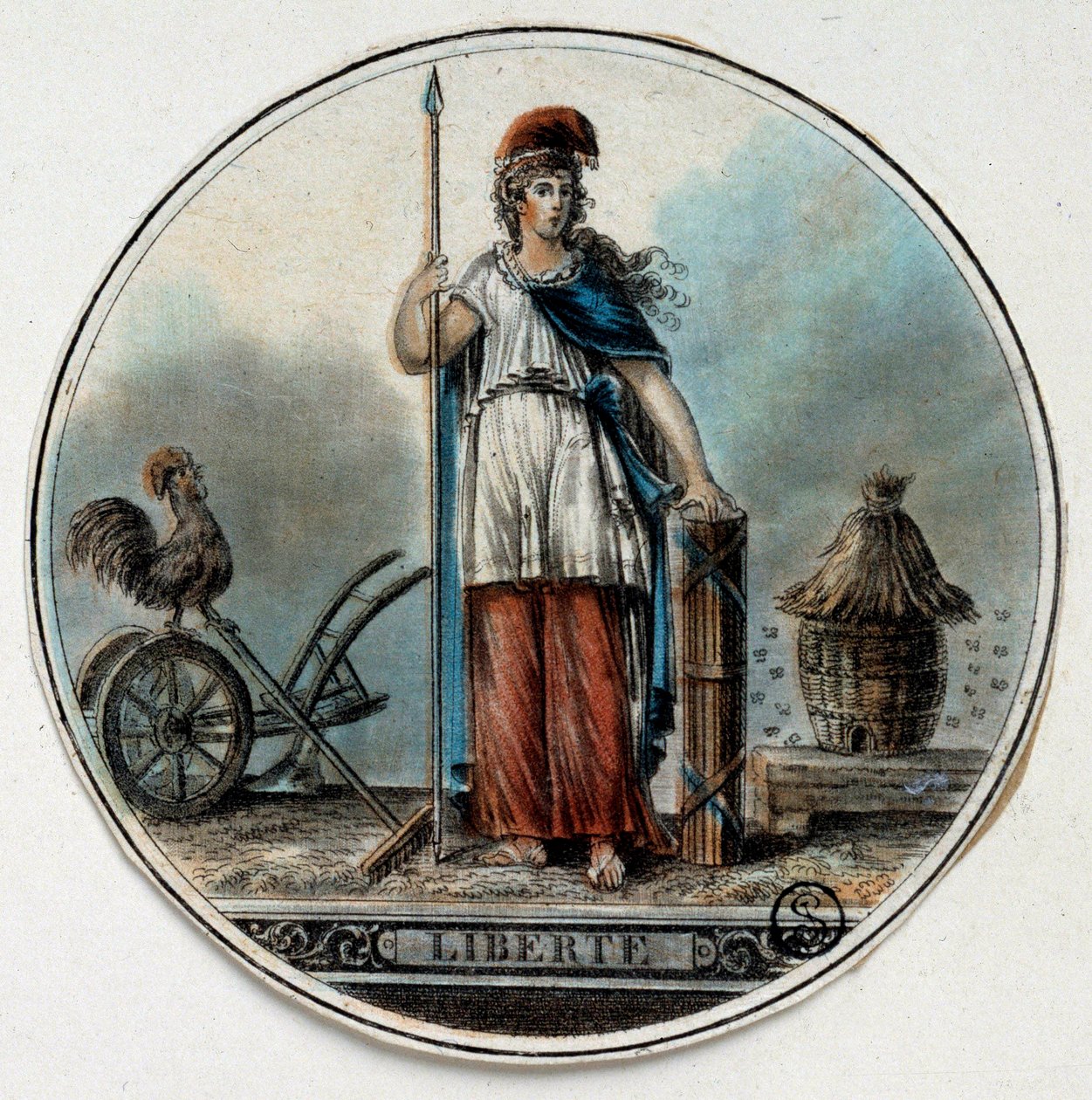 Revolução Francesa: alegoria de Liberte como uma mulher perto de uma colmeia e de um galo. Final do século XVIII Paris, B.N. de French School