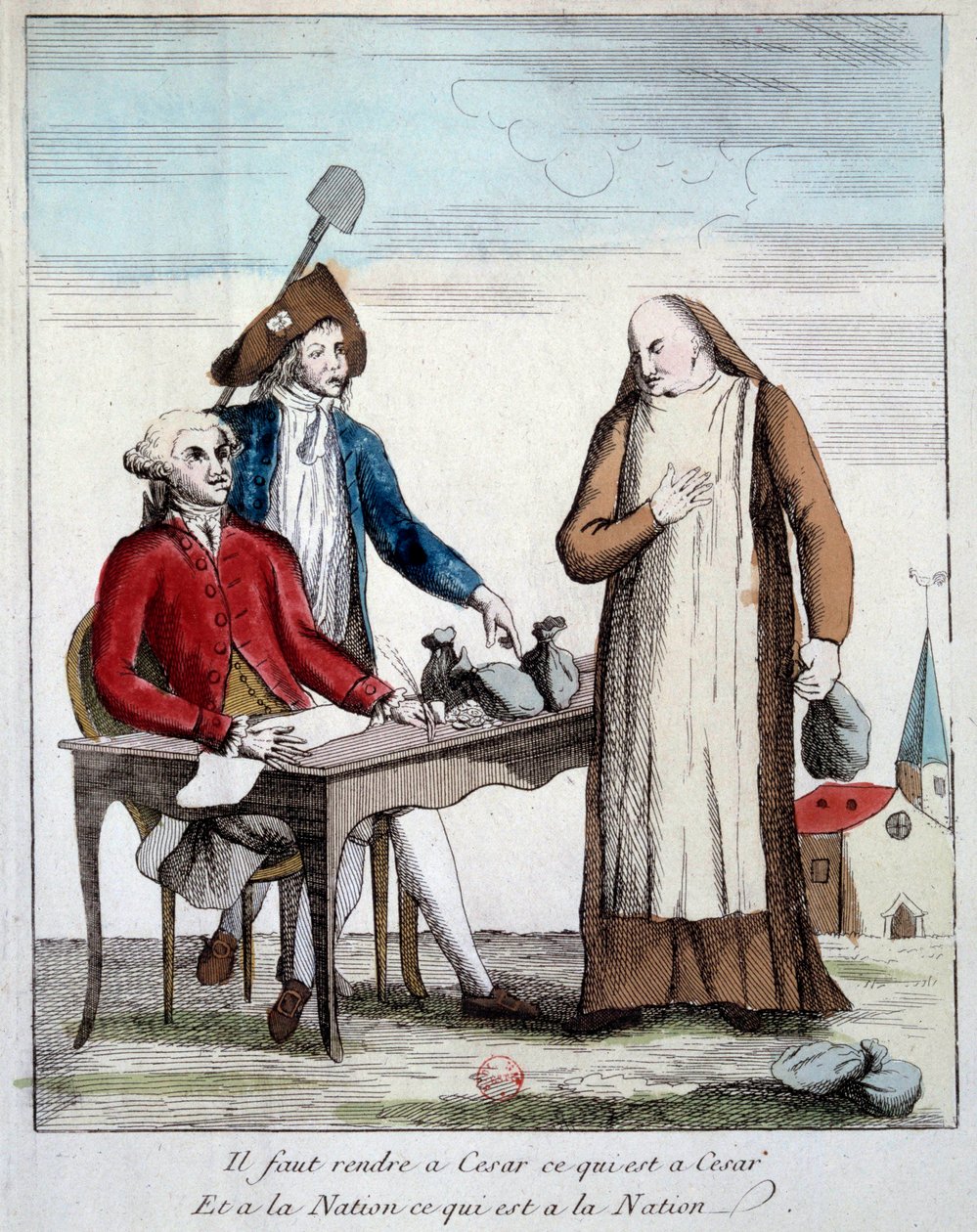 Revolução Francesa: representação caricatural de um membro do clero obrigado a devolver os bens da igreja. "Devemos devolver a César o que é a César e à Nação o que é à Nação" Gravura de 1790 Paris, Bibliotheque de l