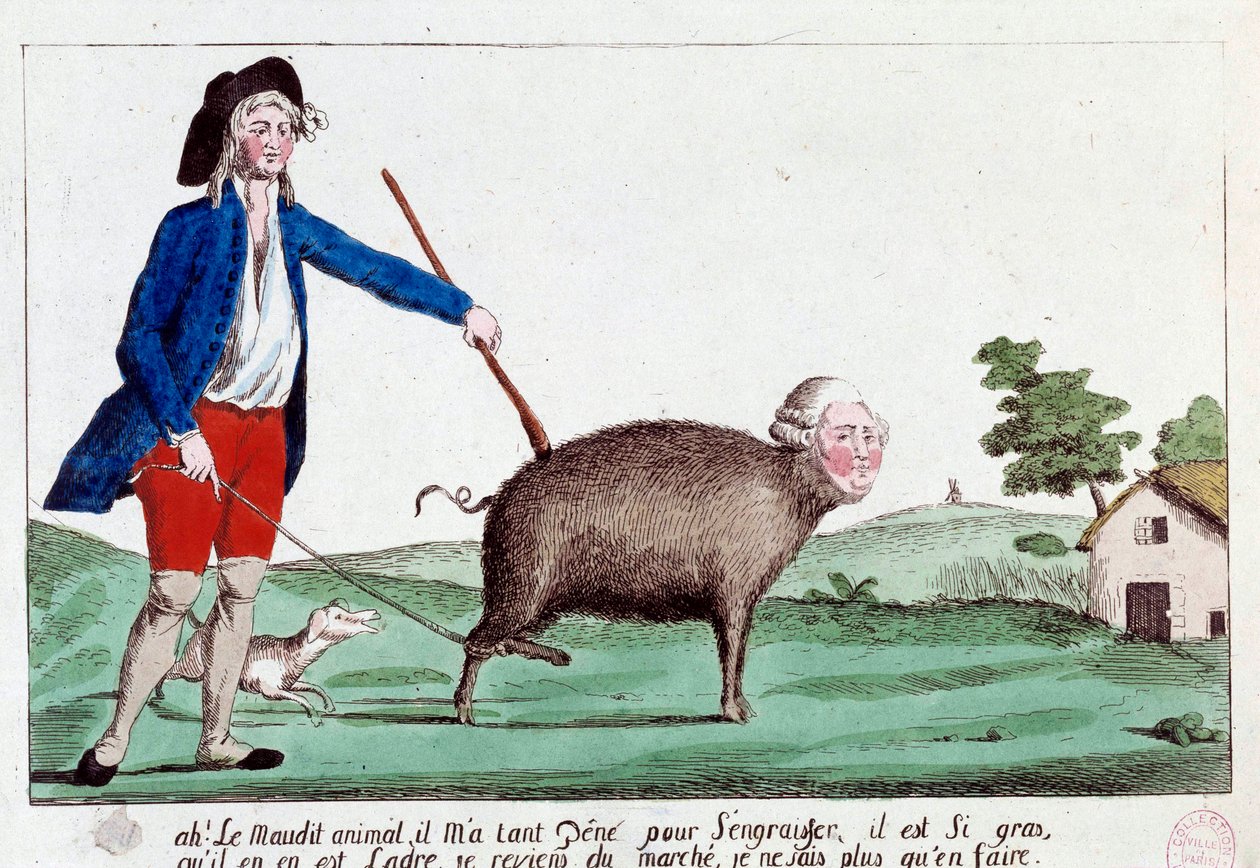 Revolução Francesa: desenho animado retratando um revolucionário trazendo Luís XVI de volta à forma de um porco da marcha e não sabendo o que fazer com ele. 1792. Gravura coloriee anônima, Sol 14x22,8 Paris, Musee Carnavalet de French School