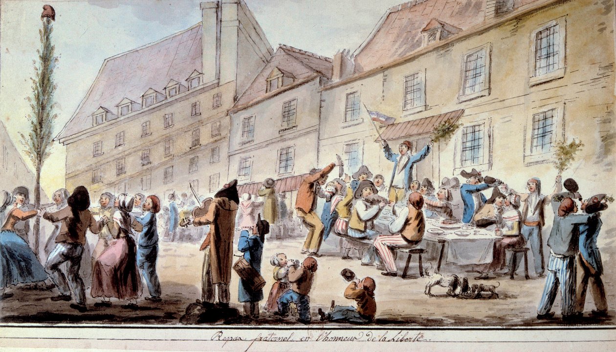 Revolução Francesa: refeição fraterna em honra da liberdade, em junho de 1793. Patriotas e parisienses celebrando a Liberdade. O lema "Liberte, egalite, fraternidade" surgiu pela primeira vez neste período. A aguarela de 1793. Paris, Biblioteca do Arsenal de French School
