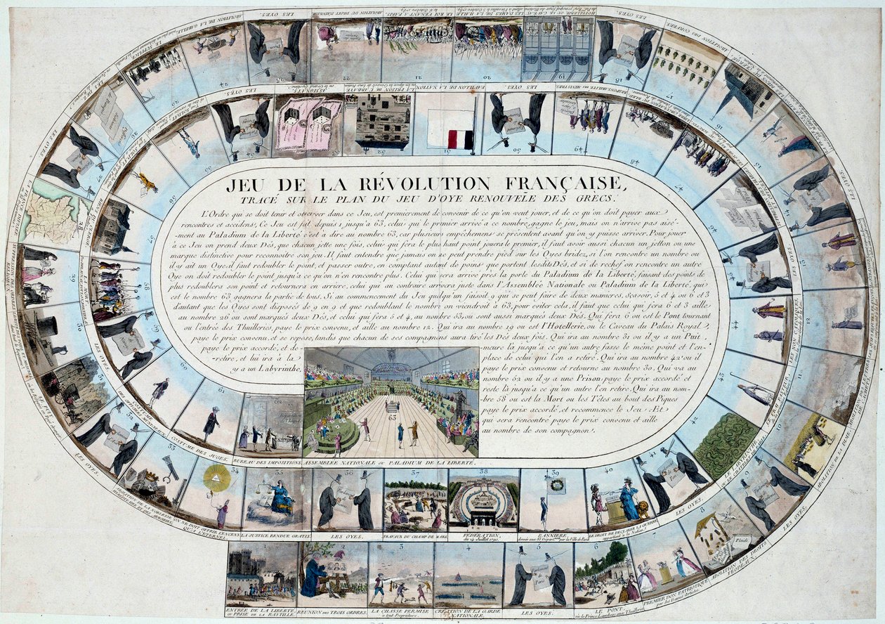 Revolução Francesa: jogo do ganso no final do século XVIII com as principais etapas da Revolução de French School