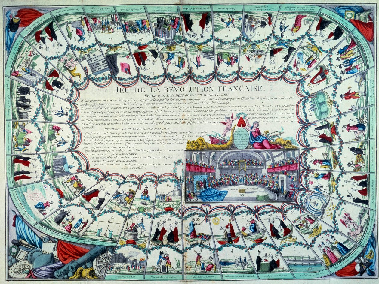 Revolução Francesa: jogo do ganso que apresenta as principais etapas da revolução e uma vista da Assembleia Nacional. Finais do século XVIII. Paris, B.N. de French School