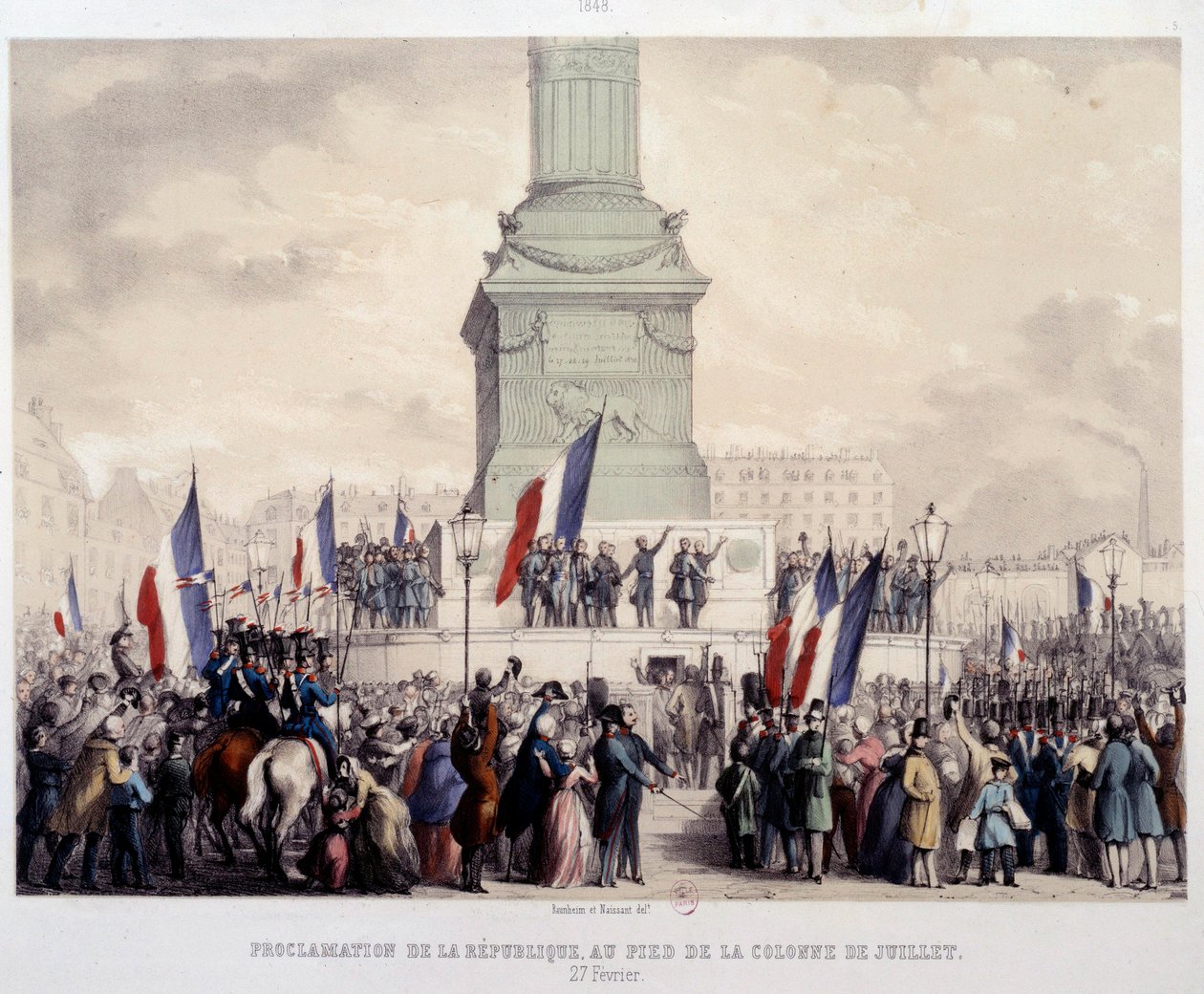 Revolução Francesa de 1848: proclamação da Segunda República ao pé da coluna de julho na Place de la Bastille em 25/02/1848. Litografia do século XIX. Paris, Museu Carnavalet de French School