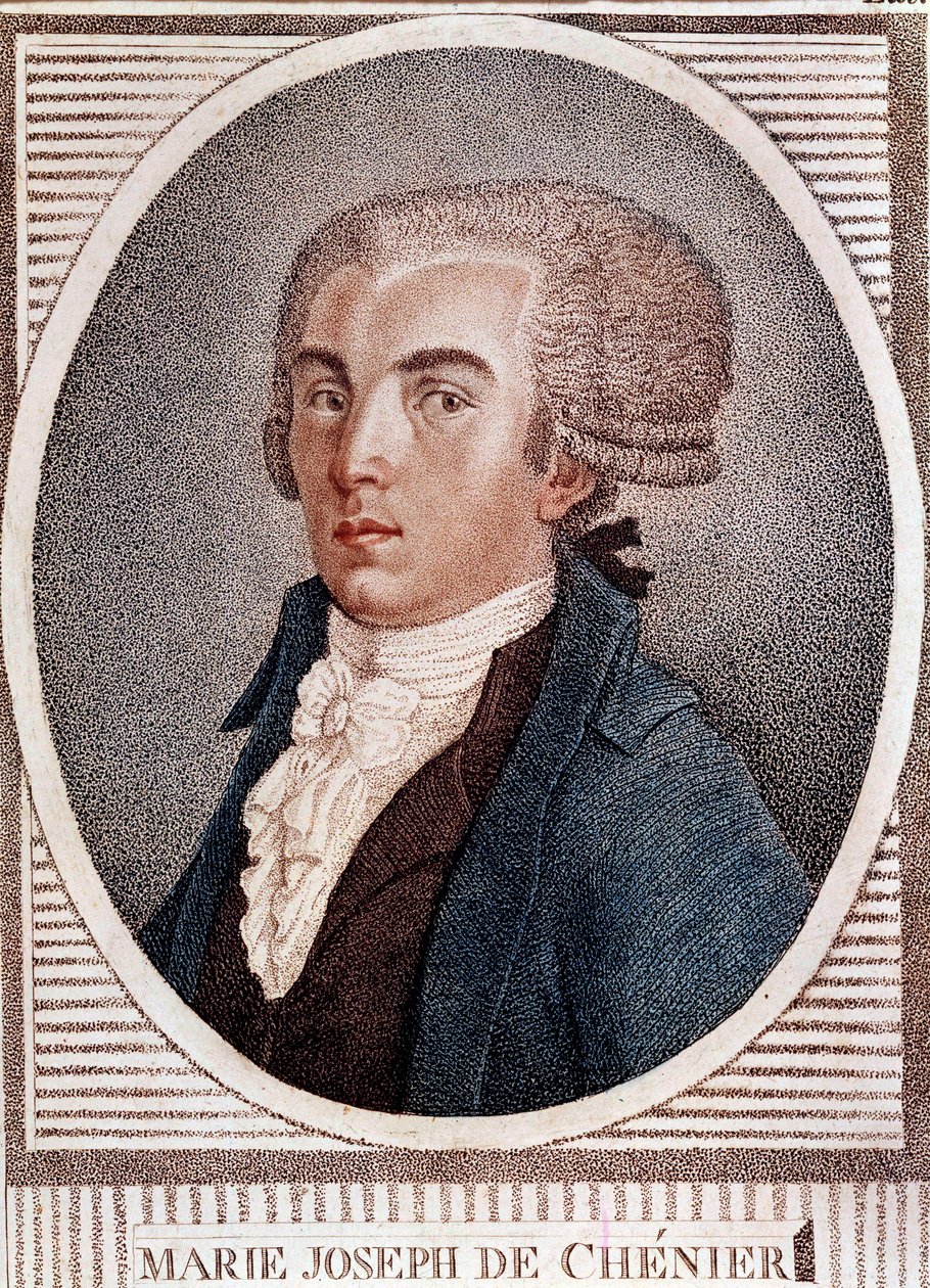 Revolução Francesa: retrato do diplomata, poeta e historiador Marie Joseph Chenier (1764-1811), autor da gravura "Chant du part" do século XIX. de French School