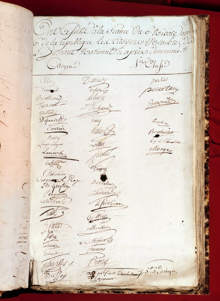 Revolução Francesa: folha de um registo de presenças de 26/12/1797 (6 nivose ano VI) com assinaturas de pessoas que frequentaram um Instituto Nacional. Paris, Academia das Ciências de French School