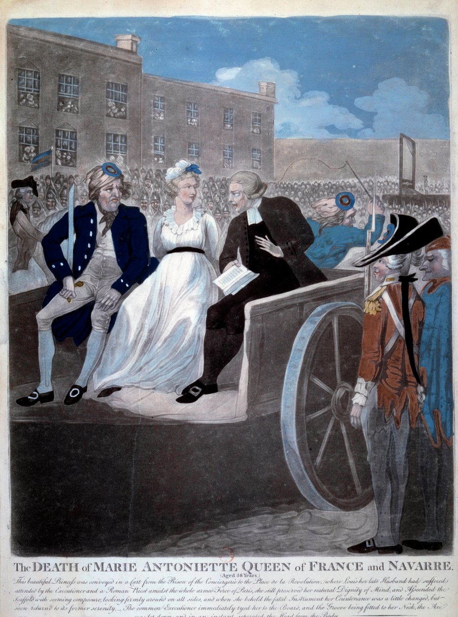 Revolução Francesa: "A rainha de França Maria Antonieta (1755-1793) é levada para a guilhotina. Gravura de 1793. Paris, Biblioteca do Arsenal de French School