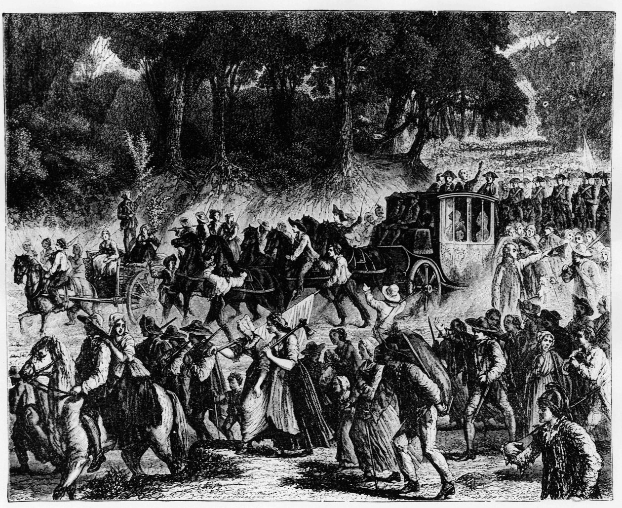 Revolução Francesa: a chegada da família real (Luís XVI e Maria Antonieta) a Paris, 5 de Outubro de 1789 - gravura. de French School