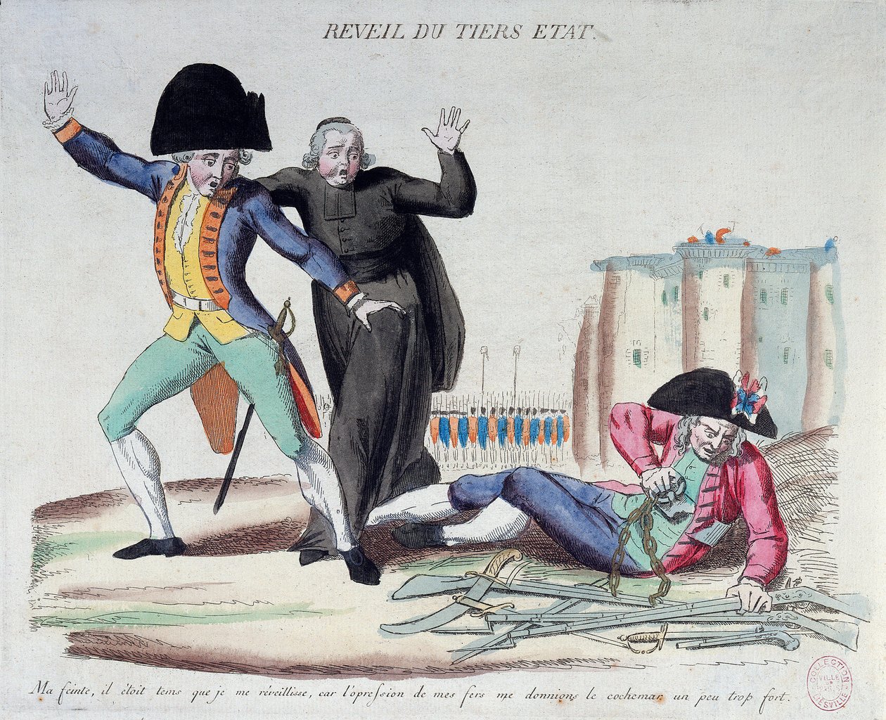 Revolução Francesa: o despertar do Terceiro Estado (Terceiro Estado). Caricatura sobre as três ordens. Liberta-se das suas correntes sob o olhar assustado do exército e dos clérigos. Gravura francesa de 1789. Paris, B.N. de French School