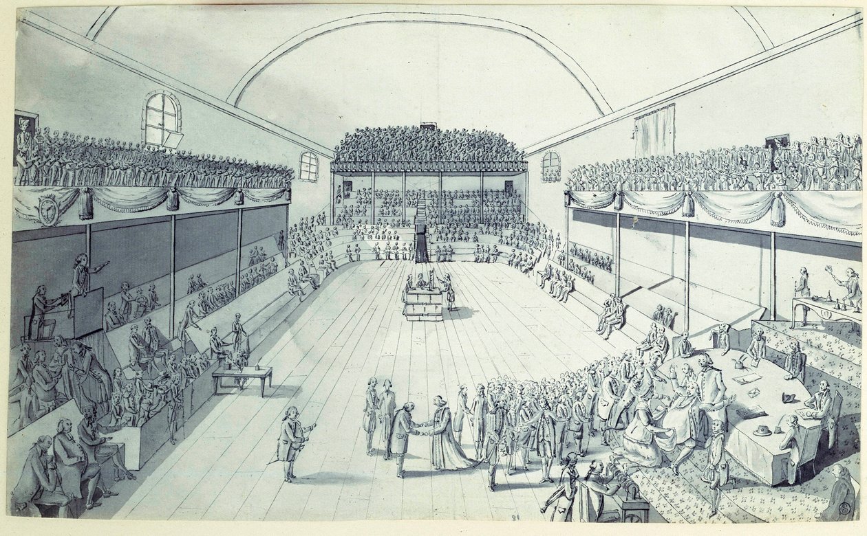 Revolução Francesa: o nascimento da Constituição em Setembro de 1791 redigida por Guy Jean-Baptiste Target (1733-1807) na sala do Jeu de Paume em Versalhes onde os deputados tinham prestado juramento em 20/06/1789. Desenho anónimo por volta de 1791. Paris, de French School