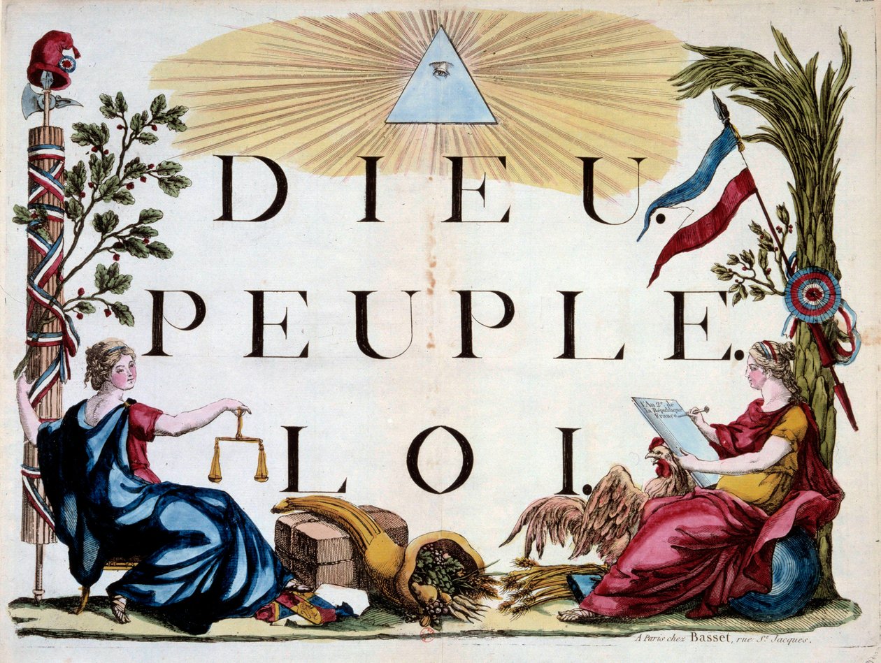 Revolução Francesa: o triângulo divino iluminando Deus, o Povo e a Lei, as alegorias da França, a Justiça, a Abundância e a República. Gravura a partir de 1794. Paris, Biblioteca do Arsenal de French School