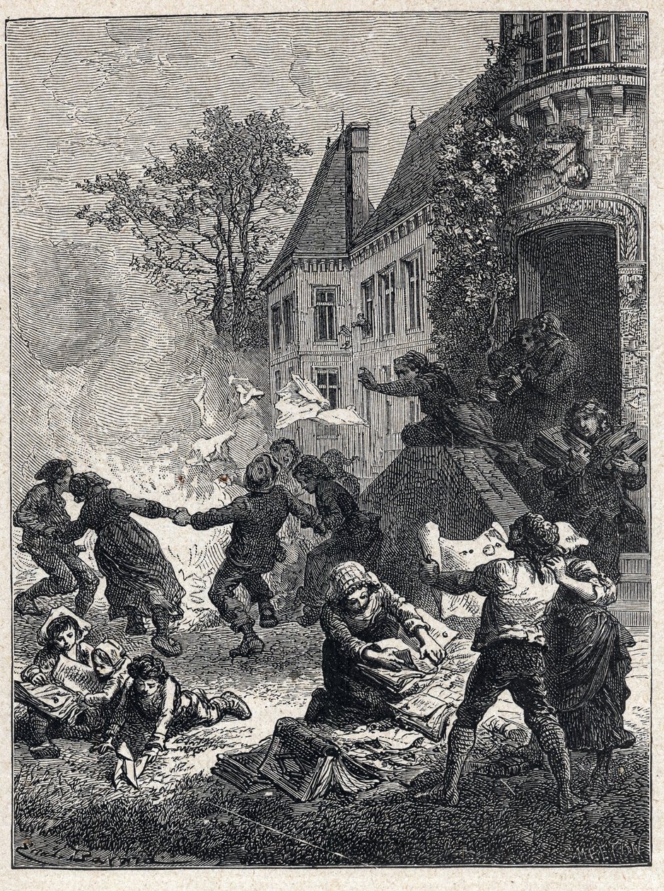 Revolução Francesa: os camponeses queimaram seus títulos feodais e dançaram ao redor do fogo para celebrar a abolição dos privilégios em agosto de 1789. Gravura a partir de 1889. Coleção privada. de French School