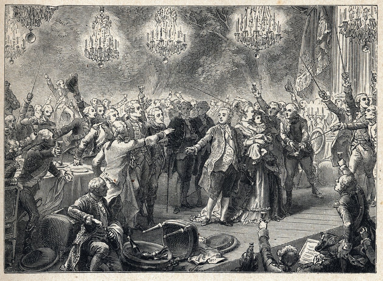 Revolução Francesa: os realistas juram lealdade à monarquia na presença do Rei Luís XVI (1754-1793) da Rainha Maria Antonieta (1755-1793) e do golfinho no banquete dos guarda-costas organizado em 1 de Outubro de 1789 na Orangerie de Versailles - de French School