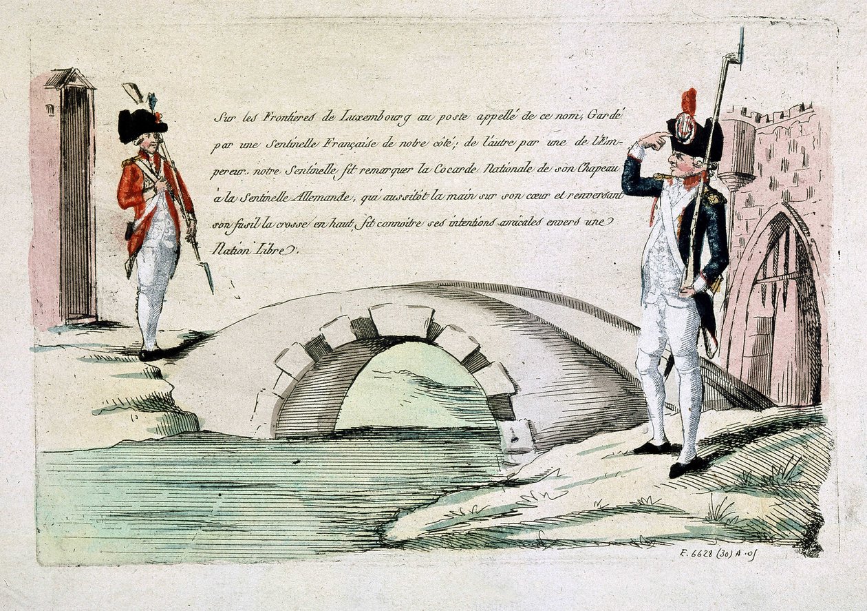 Funcionários aduaneiros franceses e luxemburgueses cumprimentam-se amigavelmente (questão das fronteiras durante a revolução), finais do século XVIII de French School
