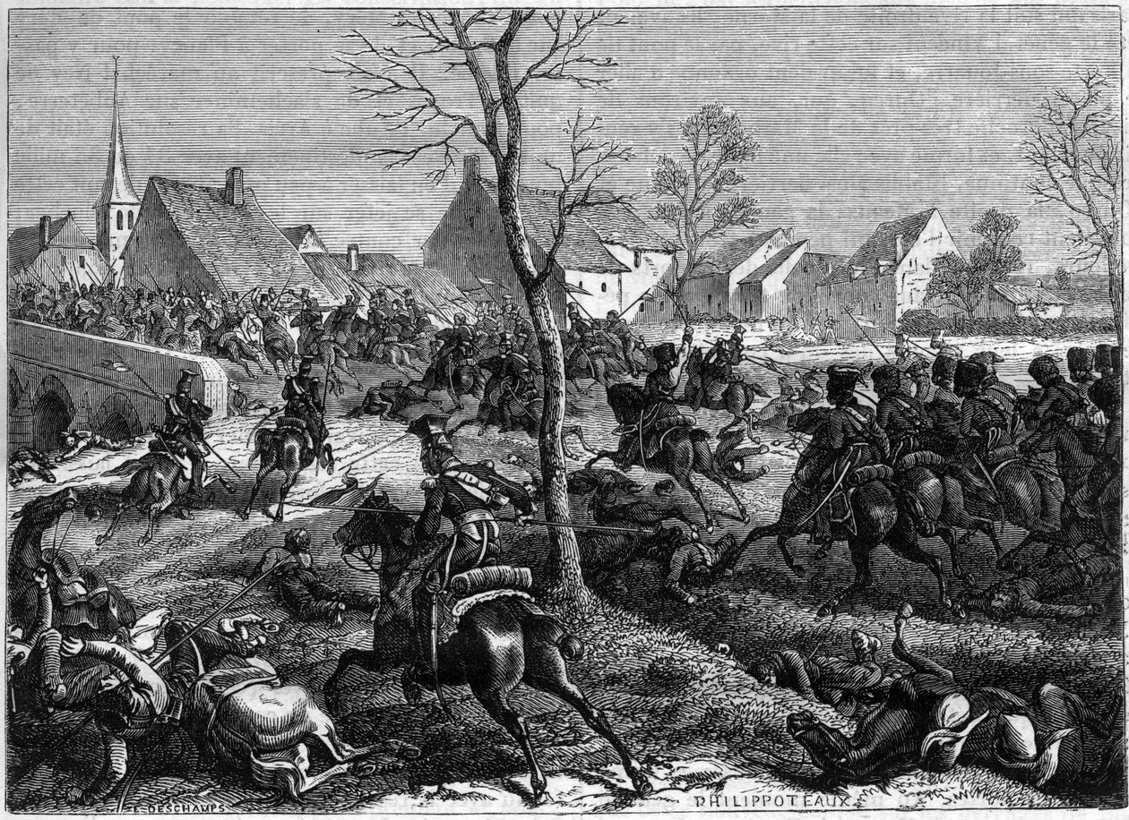 Tropas francesas e polacas conquistam a Ponte de Berryau-Bac (Aisne), Março de 1814 - Campagne de France (1814) - o General Nansouty, com a cavalaria da guarda e os polacos do General Pac, toma a ponte de Berryau Bac - em "História do império que se segue de French School