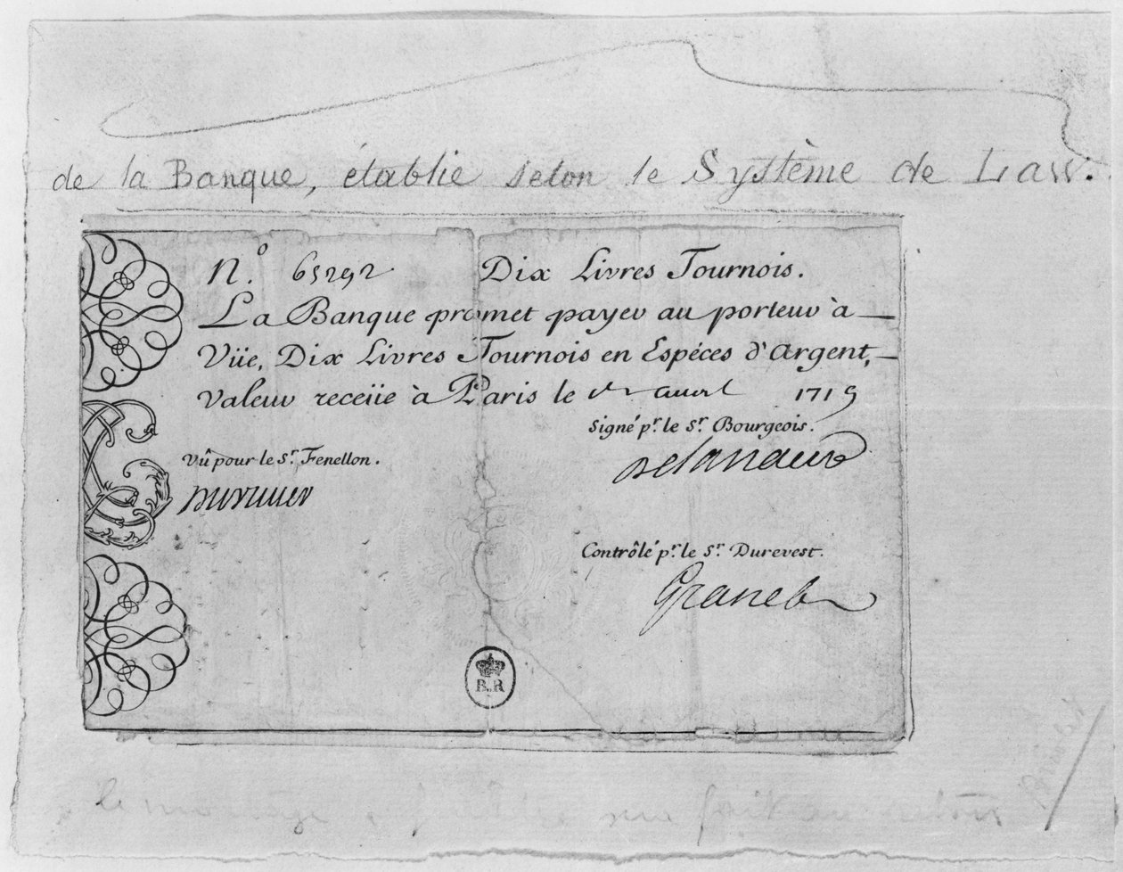 Nota francesa de dez libras do Banco da Lei, datada de 1º de abril de 1719 de French School