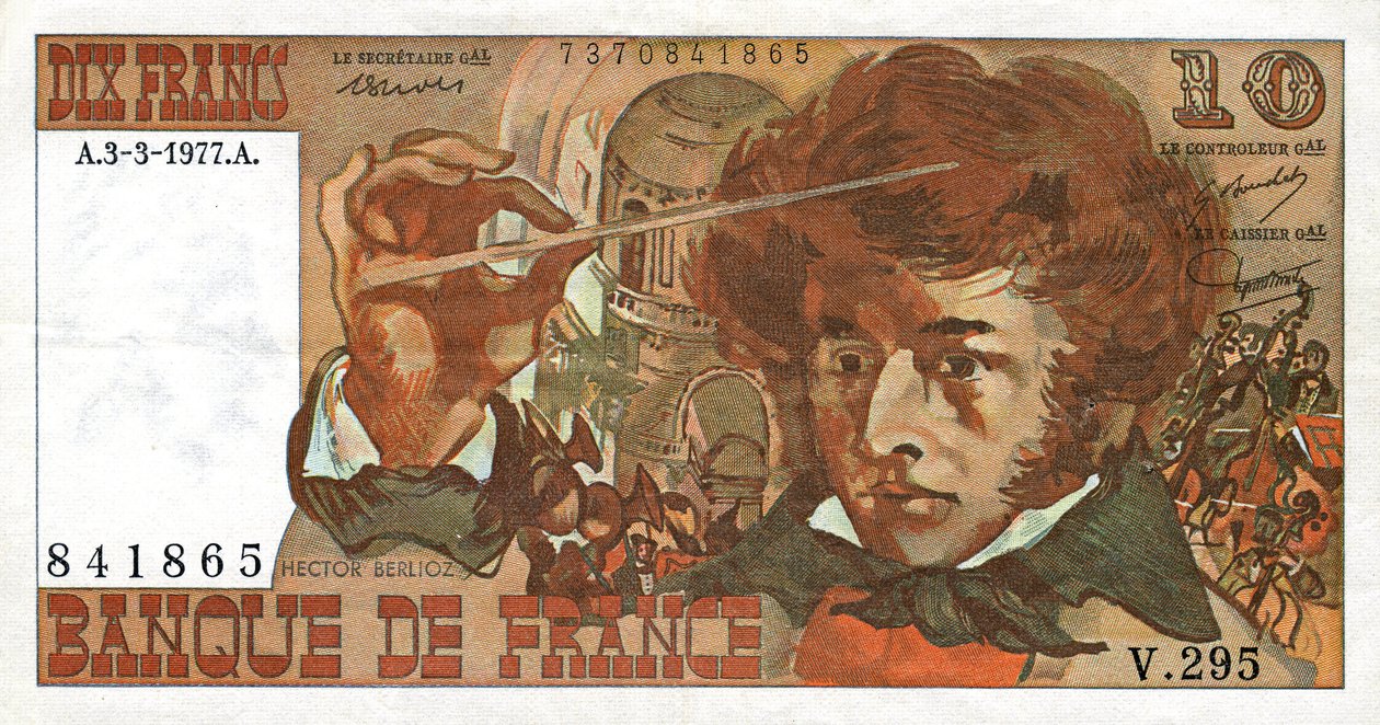 Nota francesa com a efígie do compositor francês Hector Berlioz de French School