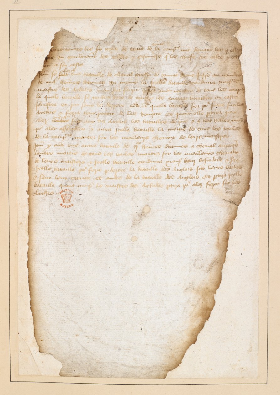 Plano de batalha francês que precede a batalha de Agincourt, elaborado pelo Marechal Boucicault, Capitão da Normandia, e outros. Entre 13 e 21 de Outubro de 1415 (tinta sobre papel) de French School