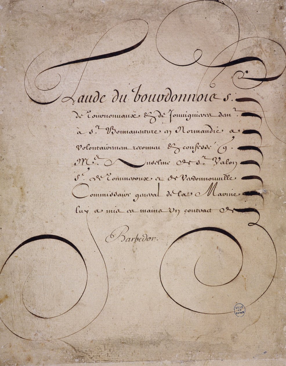 Caligrafia francesa: Carta da Câmara de Contas de Louis Barbedor por volta de 1640. de French School