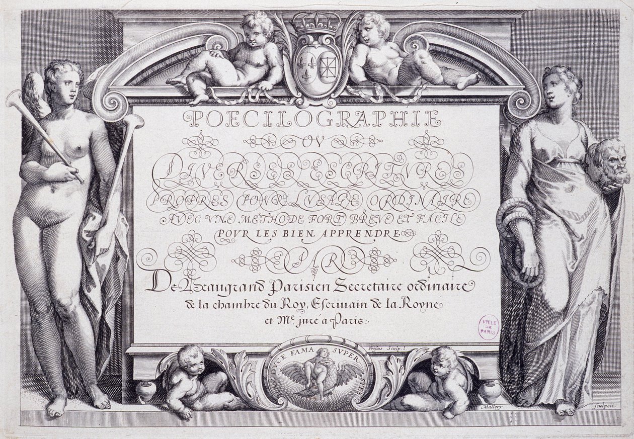 Caligrafia francesa: Poecilografia, frontispício, de Baptiste de Beaugrand, em 1606. de French School