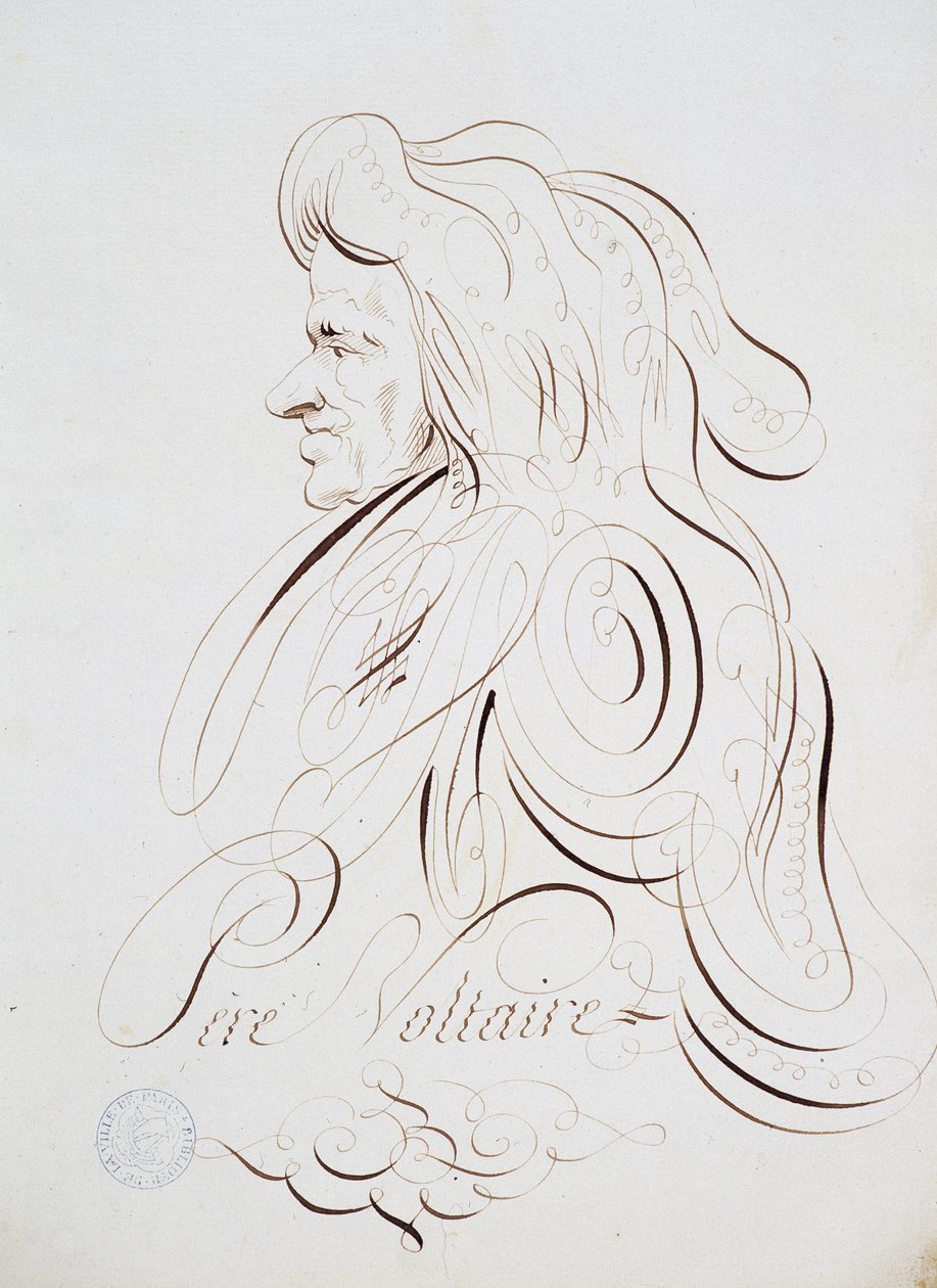 Caligrafia francesa: Retrato do Padre Voltaire, de Bernard de Paris, por volta de 1780. Biblioteca histórica da cidade de Paris. de French School