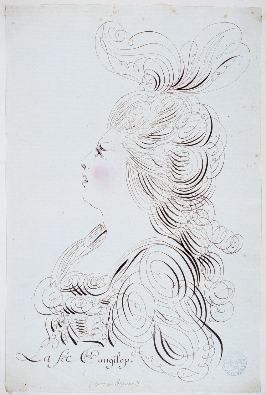 Caligrafia francesa: Retrato da princesa de Polignac no rosto realçado por uma aguarela de Bernard de Paris por volta de 1780. Biblioteca histórica da cidade de Paris. de French School