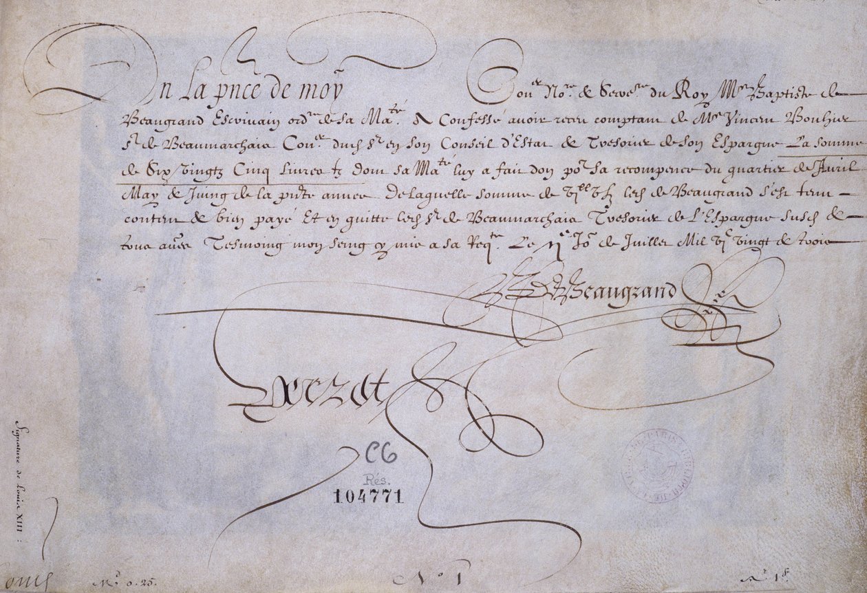 Caligrafia francesa: Recu a favor de Bernard de Beaugrand delivre a 2 de Julho de 1623. Biblioteca histórica da cidade de Paris. de French School