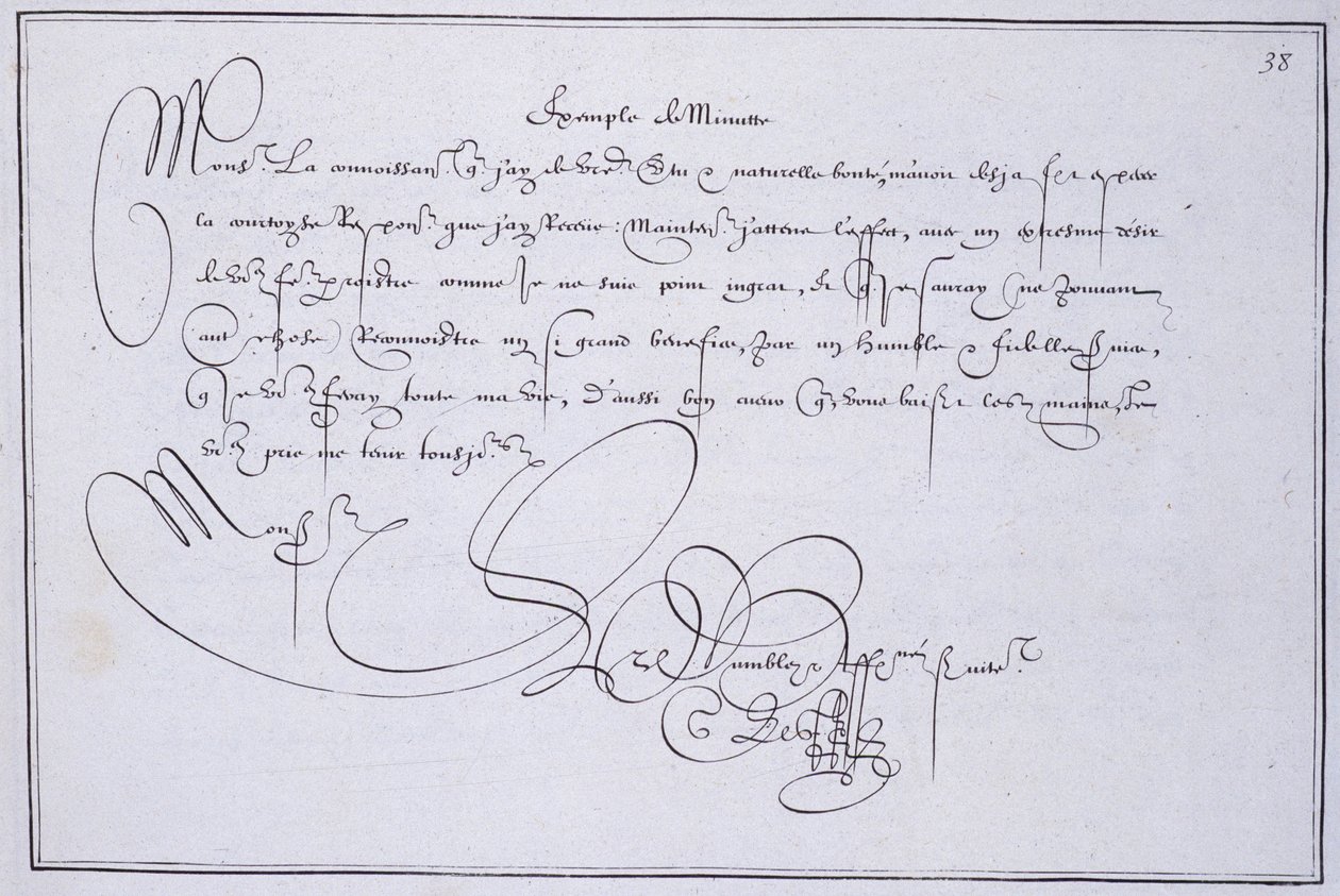 Caligrafia francesa: Tecnografia, "exemplo de minuto" de Guillaume Le Gangneur por volta de 1599. Biblioteca histórica da cidade de Paris. de French School