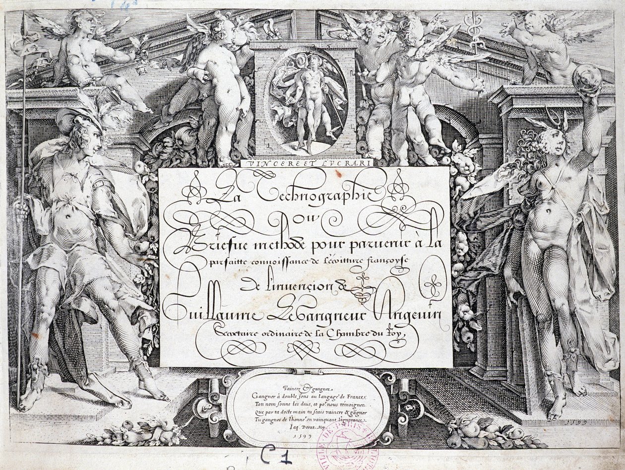 Caligrafia francesa: Tecnografia, frontispício de Guillaume o Gangneur por volta de 1599. Biblioteca histórica da cidade de Paris. de French School