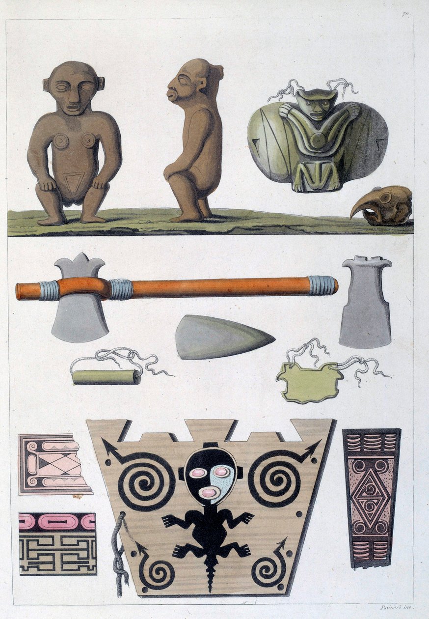 Colônias francesas: objetos dos Arhuacos, os primeiros habitantes da Martinica nas Índias Ocidentais. Gravura dos Chartres do século XIX, Musee des Beaux Arts de French School