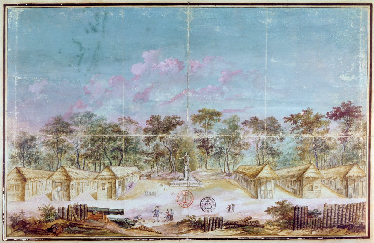 Colonos franceses assentamento na praia de Kourou, Guiana em 1763 (wc no papel) de French School