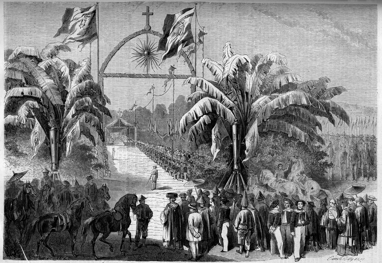 A colonização francesa: Primeira missa católica em Saigão, Cochinchine de French School