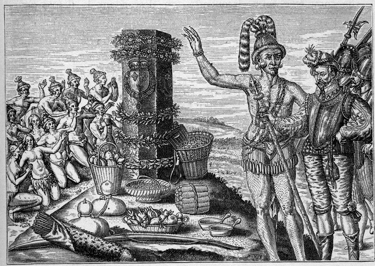 Colónia francesa na América: Os floridianos adoram a coluna comemorativa erigida por René de Laudonniere em memória dos ataques espanhóis às colónias protestantes francesas em 1564. A partir de uma gravura do século XVI. Em "La Marine et les colonies: comm de French School