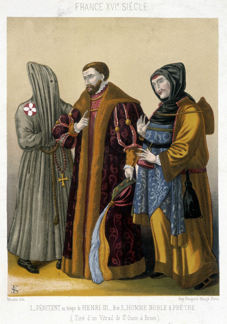 Os fatos franceses do século XVI: À esquerda, um penitente, no centro um nobre e à direita um padre. Ilustração do século XIX, de Saint Ouen a Rouen. de French School