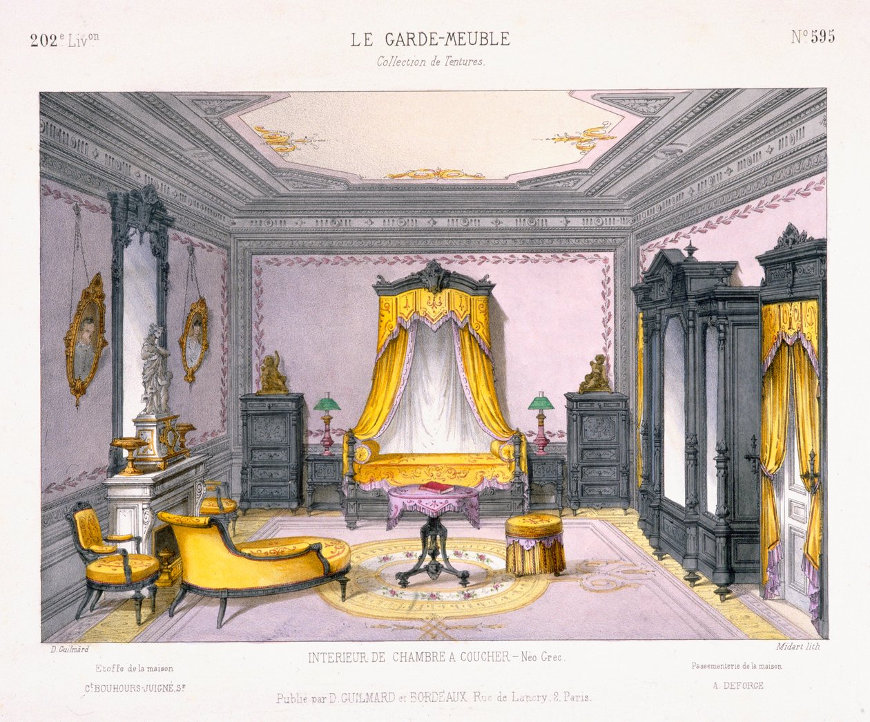 Design francês para um interior de um quarto em estilo neo-grego de Le Garde-Meuble livro padrão, Publicado por D Guillard, Paris de French School