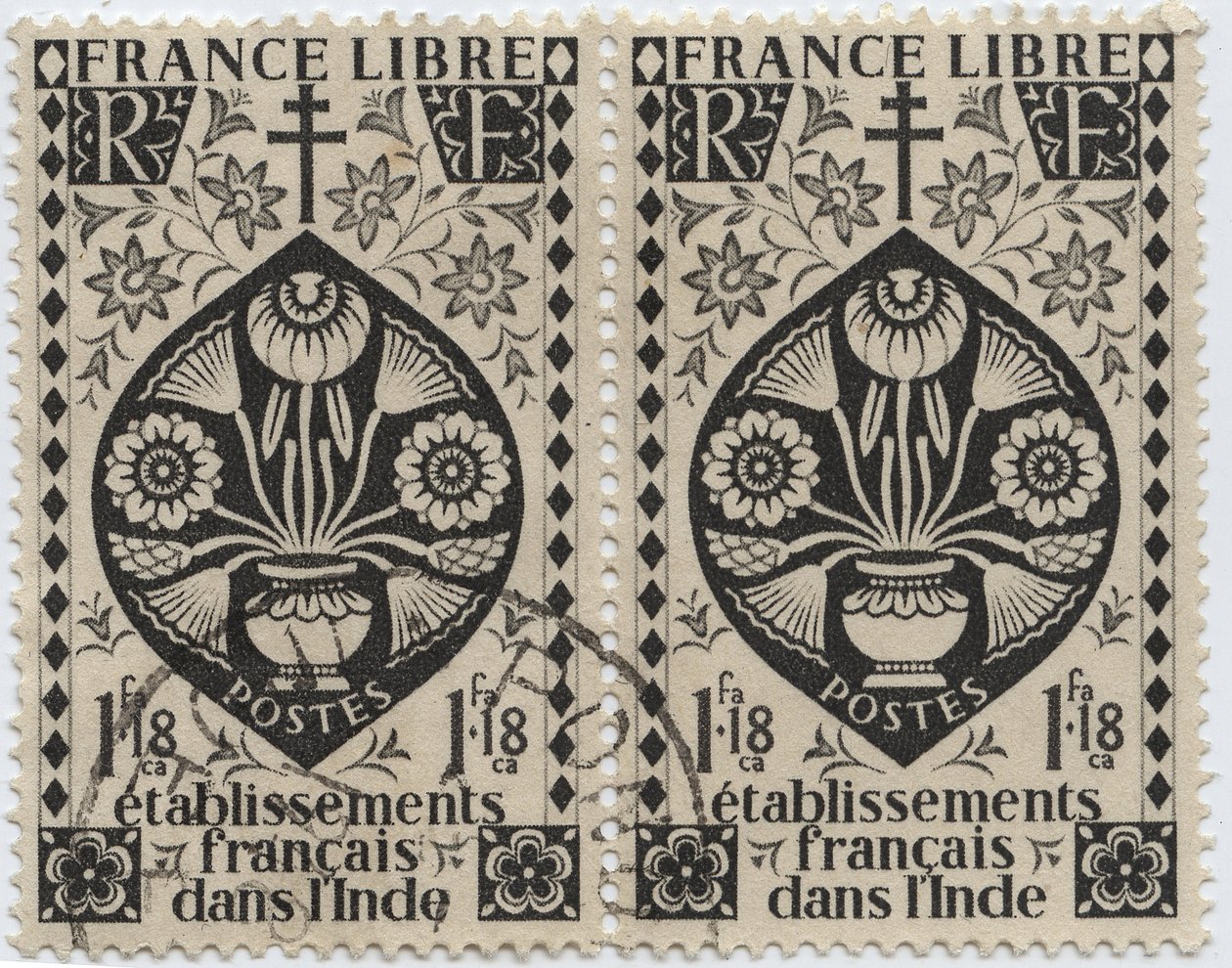 Estabelecimentos franceses na Índia - FRANCE LIBRE e Cross of Lorraine - Carimbo 1942 de French School
