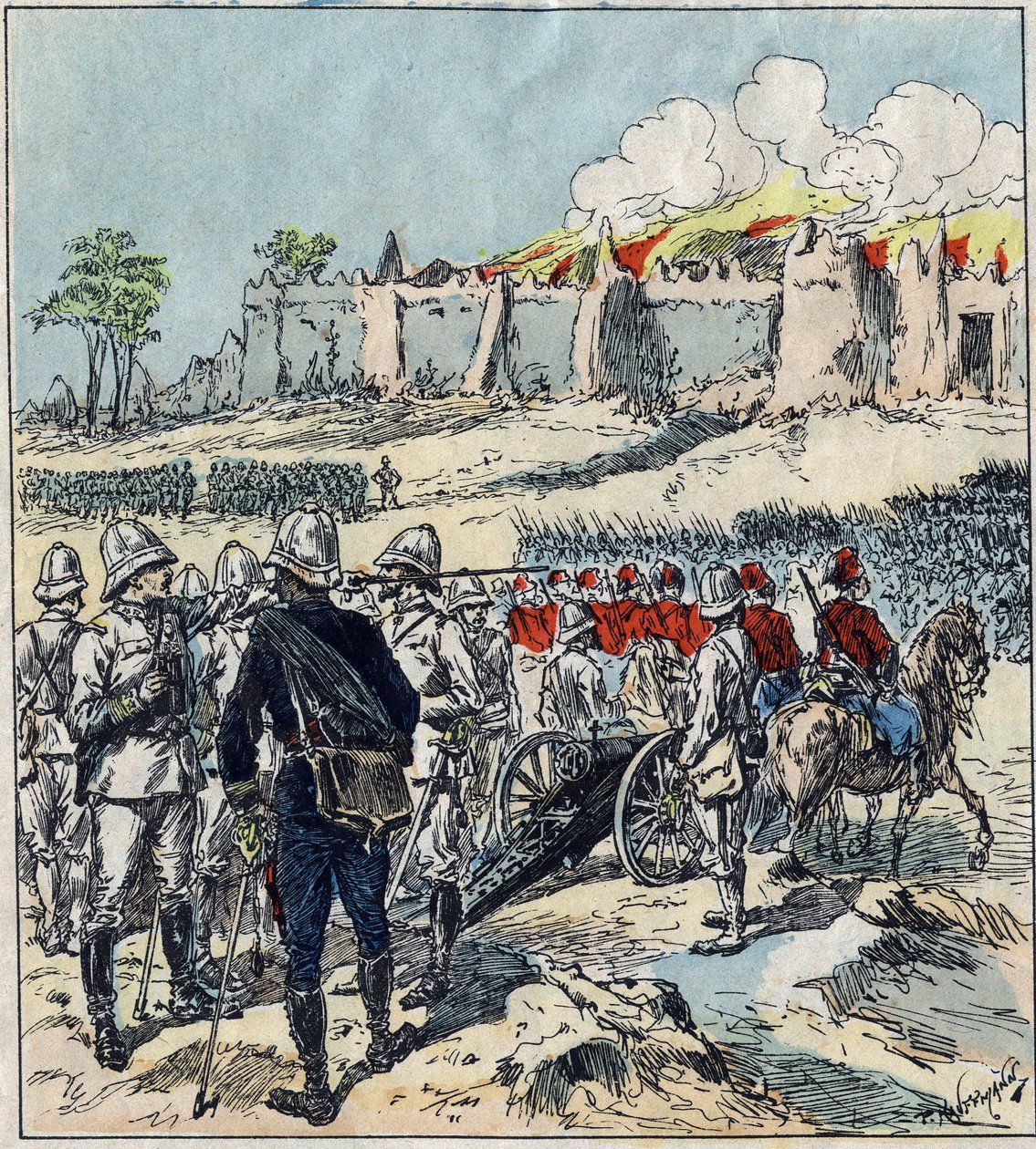 Expedição francesa a Dahomey (actual Benin). General Dodds formando suas colunas de ataque antes de Abomey de French School
