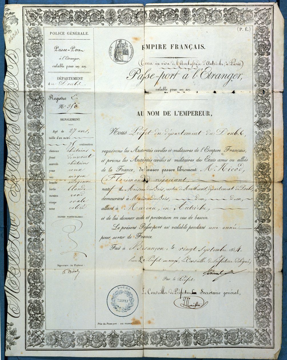 Passaporte francês, de Besançon, 20 de setembro de 1854 de French School