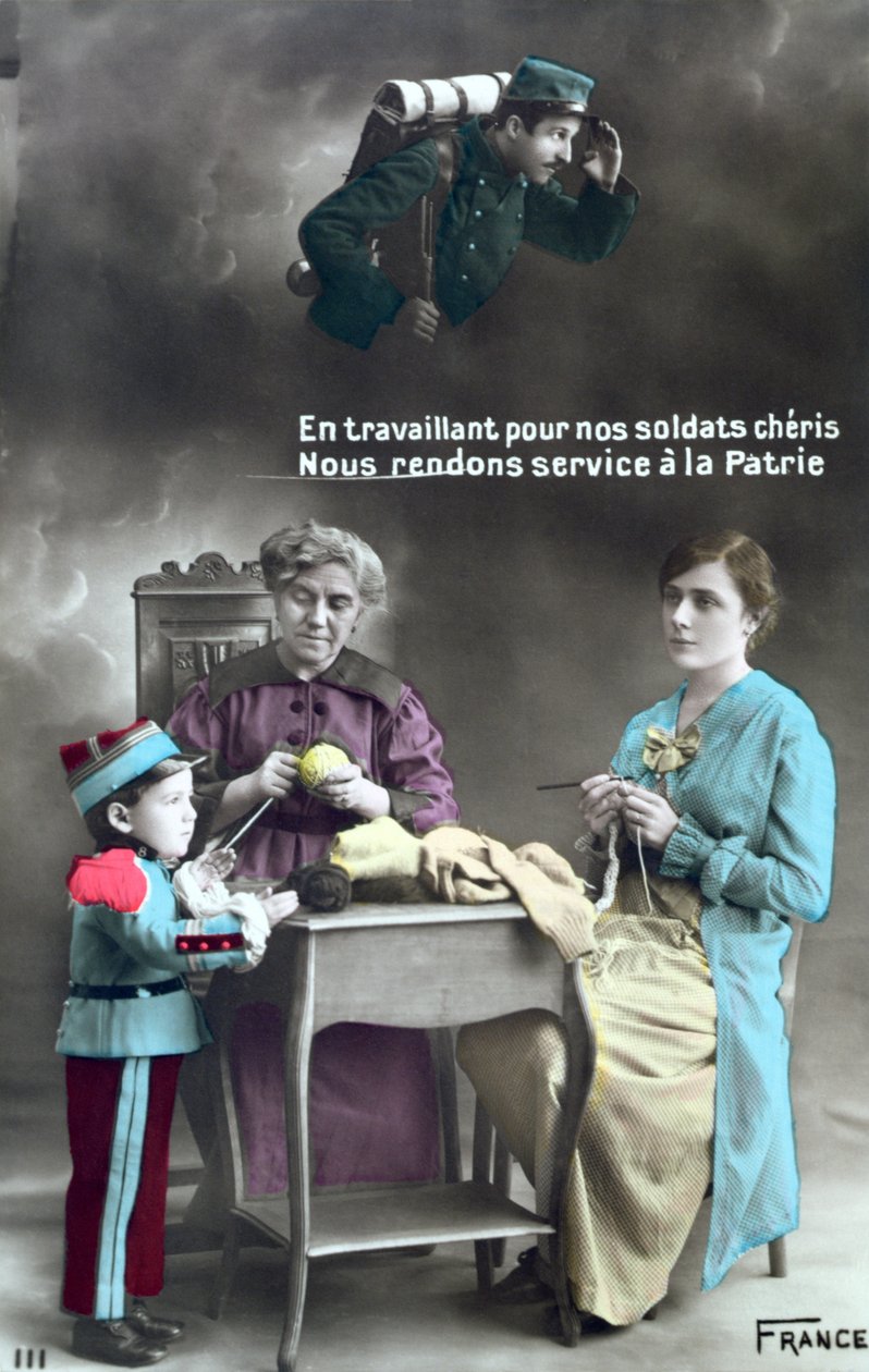 Postal patriótico francês retratando o papel das mulheres durante a Primeira Guerra Mundial 1914-18, 1915 de French School
